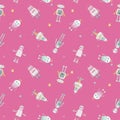 Beautiful seamless baby girl pattern with cute hand drawn watercolor robots. Stock illustration. Royalty Free Stock Photo