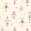 Beautiful seamless baby girl pattern with cute hand drawn watercolor robots. Stock illustration. Royalty Free Stock Photo