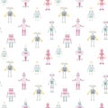 Beautiful seamless baby girl pattern with cute hand drawn watercolor robots. Stock illustration.