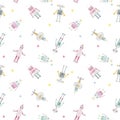 Beautiful seamless baby girl pattern with cute hand drawn watercolor robots. Stock illustration. Royalty Free Stock Photo