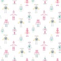 Beautiful seamless baby girl pattern with cute hand drawn watercolor robots. Stock illustration. Autotraced vector. Royalty Free Stock Photo