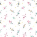 Beautiful seamless baby girl pattern with cute hand drawn watercolor robots. Stock illustration. Autotraced vector.