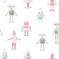 Beautiful seamless baby girl pattern with cute hand drawn watercolor robots. Stock illustration. Autotraced vector. Royalty Free Stock Photo