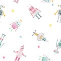 Beautiful seamless baby girl pattern with cute hand drawn watercolor robots. Stock illustration. Autotraced vector. Royalty Free Stock Photo