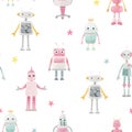 Beautiful seamless baby girl pattern with cute hand drawn watercolor robots. Stock illustration. Autotraced vector. Royalty Free Stock Photo