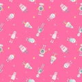 Beautiful seamless baby girl pattern with cute hand drawn watercolor robots. Stock illustration. Autotraced vector.