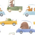 Beautiful seamless baby pattern with cute hand drawn watercolor animal drivers in cars. Stock illustration.
