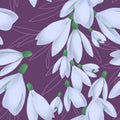 Seamless pattern with blooming snowdrops and leaves