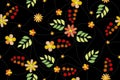 Beautiful seamless background with embroidered flowers and leaves. Fancy fabric print. Vector design