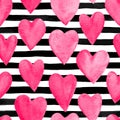 Beautiful seamless background with pink watercolor hearts on horizontal ink, black and white stripes.