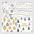 Beautiful seamless Christmas and winter patterns, drawn by hand. Many festive elements and patterns