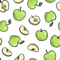 Beautiful seamless doodle pattern with cute doodle green apples with black outline on white background. Hand drawn trendy Royalty Free Stock Photo