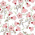 Beautiful seamless floral background, pink-red flowers with brown leaves, green dots, white background Royalty Free Stock Photo