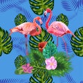 Beautiful seamless floral exotic pattern with tropical flowers, palm leaves, jungle plants, hibiscus, bird of paradise flower,