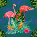 Beautiful seamless floral exotic pattern with tropical flowers, palm leaves, jungle plants, hibiscus, bird of paradise flower,