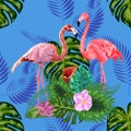 Beautiful seamless floral exotic pattern with tropical flowers, palm leaves, jungle plants, hibiscus, bird of paradise flower, Royalty Free Stock Photo