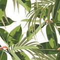 Beautiful seamless floral pattern background with exotic bright ficus elastica and palm leaves.