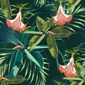 Beautiful seamless floral pattern background with exotic dark and bright ficus elastica, palm leaves and lilies flowers Royalty Free Stock Photo
