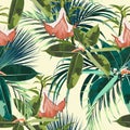 Beautiful seamless floral pattern background with exotic dark and bright ficus elastica, palm leaves and lilies flowers. Royalty Free Stock Photo