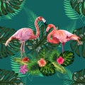 Beautiful seamless floral pattern background with pink flamingos, tropical flowers. Abstract geometric texture