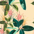 Beautiful seamless floral pattern background with tropical dark and bright ficus elastica, palm leaves and protea flowers Royalty Free Stock Photo