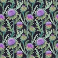 Beautiful seamless floral pattern with watercolor gentle blue blooming artichoke flowers. Stock illustration. Royalty Free Stock Photo