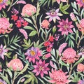 Beautiful seamless floral pattern with watercolor summer passionflower and waratah protea flowers. Stock illustration.