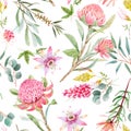 Beautiful seamless floral pattern with watercolor summer protea and passionflower flowers. Stock illustration.