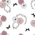 Beautiful seamless floral pattern with ribbons and beads. Peony, Camellia and rose flowers. Template for postcards, fabrics, cove