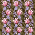 Beautiful seamless floral pattern for scarf in vector. Wreaths of cosmos and bell flowers, butterflies and grid Royalty Free Stock Photo