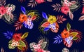 Beautiful seamless floral pattern, spring summer background with tropical flowers, palm leaves, jungle leaf, hibiscus, paradise fl Royalty Free Stock Photo