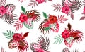 Beautiful seamless floral pattern, spring summer background with tropical flowers, palm leaves, jungle leaf, hibiscus, paradise fl Royalty Free Stock Photo