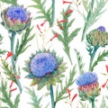 Beautiful seamless floral pattern with watercolor gentle blue blooming artichoke flowers. Stock illustration.