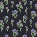 Beautiful seamless floral pattern with watercolor gentle blue blooming artichoke flowers. Stock illustration. Royalty Free Stock Photo