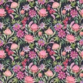 Beautiful seamless floral pattern with watercolor summer passionflower and waratah protea flowers. Stock illustration.