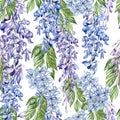 Beautiful seamless floral summer pattern background with tropical flowers, wisteria.