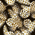 Beautiful seamless floral summer pattern background with tropical palm leaves, animal prints and golden tinsel.Perfect for Royalty Free Stock Photo