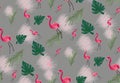 Beautiful seamless  floral summer pattern background with tropical palm leaves, flamingo, hibiscus. Perfect for wallpapers, web Royalty Free Stock Photo