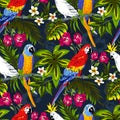 Beautiful seamless floral summer pattern background with tropical palm leaves flowers, parrot, hibiscus. Perfect for wallpapers, Royalty Free Stock Photo