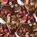 Beautiful seamless floral summer pattern background with tropical palm leaves flowers, parrot, hibiscus. Perfect for wallpapers, Royalty Free Stock Photo