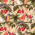 Beautiful seamless floral summer pattern background with tropical palm leaves flowers, parrot, hibiscus. Perfect for wallpapers, Royalty Free Stock Photo