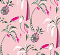 Beautiful seamless floral summer pattern background with tropical palm tree, parrot, hibiscus. Perfect for wallpapers, web page ba Royalty Free Stock Photo