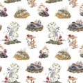 Beautiful seamless forest pattern with cute watercolor hand drawn wild animals snake mouse frog and berries mushrooms Royalty Free Stock Photo
