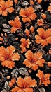 A beautiful seamless hibiscus pattern in orange and black. AI Generated Royalty Free Stock Photo