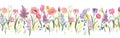 Beautiful seamless horizontal floral pattern with watercolor spring flowers. Stock illustration.