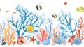 Beautiful seamless horizontal underwater pattern with watercolor sea life colorful corals and fish. Stock illustration. Royalty Free Stock Photo