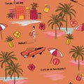 Beautiful seamless island pattern on orange background. Landscape with palm trees,beach and ocean vector Royalty Free Stock Photo