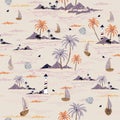 Beautiful seamless island pattern on pastel background. Landscape with palm trees,beach and ocean vector hand drawn style Royalty Free Stock Photo