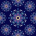Beautiful seamless mandala flowers pattern. Stylish floral design template. Tileable retro ornament. Colorful, navy blue, pink,