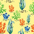 Beautiful seamless marine pattern with corals and seaweed plants on yellow. Hand drawn with acrylic paint